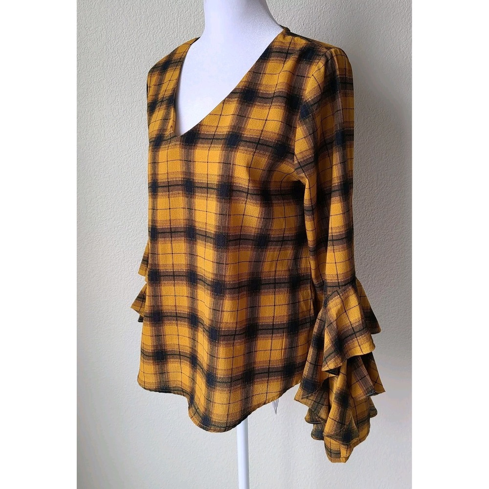 Altar'd State Plaid Academia Top Tunic Small Ruffle‎ Bell Sleeves School Office - Picture 5 of 10